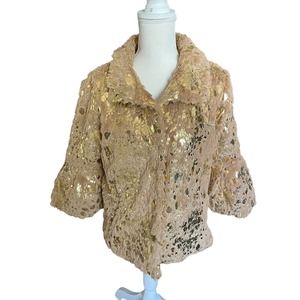 NWT Collection Eighteen Womens Faux Fur Jacket Collared 3/4 Sleeve Size S/M Gold
